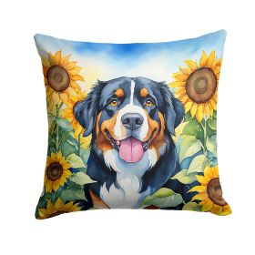 Bernese Mountain Dog in Sunflowers Throw Pillow Machine Washable, Indoor Outdoor Decorative Pillow for Couch, Bed or Patio, 14Hx14W