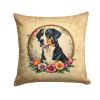 Greater Swiss Mountain Dog and Flowers Throw Pillow Machine Washable, Indoor Outdoor Decorative Pillow for Couch, Bed or Patio, 14Hx14W