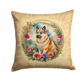 Norwegian Buhund and Flowers Throw Pillow Machine Washable, Indoor Outdoor Decorative Pillow for Couch, Bed or Patio, 14Hx14W
