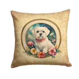Maltese and Flowers Throw Pillow Machine Washable, Indoor Outdoor Decorative Pillow for Couch, Bed or Patio, 14Hx14W