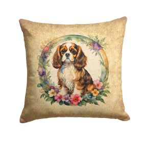 Cavalier Spaniel and Flowers Throw Pillow Machine Washable, Indoor Outdoor Decorative Pillow for Couch, Bed or Patio, 14Hx14W
