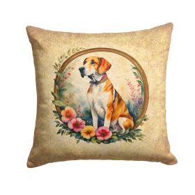 English Foxhound and Flowers Throw Pillow Machine Washable, Indoor Outdoor Decorative Pillow for Couch, Bed or Patio, 14Hx14W