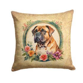 Dogue de Bordeaux and Flowers Throw Pillow Machine Washable, Indoor Outdoor Decorative Pillow for Couch, Bed or Patio, 14Hx14W