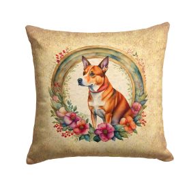Basenji and Flowers Throw Pillow Machine Washable, Indoor Outdoor Decorative Pillow for Couch, Bed or Patio, 14Hx14W
