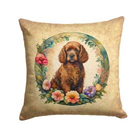 Irish Water Spaniel and Flowers Throw Pillow Machine Washable, Indoor Outdoor Decorative Pillow for Couch, Bed or Patio, 14Hx14W
