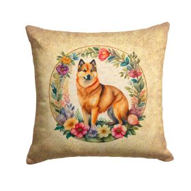 Finnish Spitz and Flowers Throw Pillow Machine Washable, Indoor Outdoor Decorative Pillow for Couch, Bed or Patio, 14Hx14W