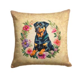 Rottweiler and Flowers Throw Pillow Machine Washable, Indoor Outdoor Decorative Pillow for Couch, Bed or Patio, 14Hx14W