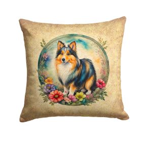 Sheltie and Flowers Throw Pillow Machine Washable, Indoor Outdoor Decorative Pillow for Couch, Bed or Patio, 14Hx14W