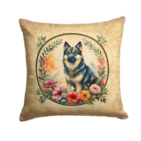 Norwegian Elkhound and Flowers Throw Pillow Machine Washable, Indoor Outdoor Decorative Pillow for Couch, Bed or Patio, 14Hx14W