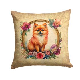 Pomeranian and Flowers Throw Pillow Machine Washable, Indoor Outdoor Decorative Pillow for Couch, Bed or Patio, 14Hx14W