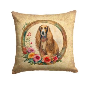 Afghan Hound and Flowers Throw Pillow Machine Washable, Indoor Outdoor Decorative Pillow for Couch, Bed or Patio, 14Hx14W