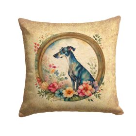 Greyhound and Flowers Throw Pillow Machine Washable, Indoor Outdoor Decorative Pillow for Couch, Bed or Patio, 14Hx14W