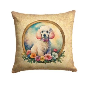 White Poodle and Flowers Throw Pillow Machine Washable, Indoor Outdoor Decorative Pillow for Couch, Bed or Patio, 14Hx14W