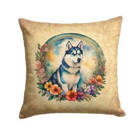 Siberian Husky and Flowers Throw Pillow Machine Washable, Indoor Outdoor Decorative Pillow for Couch, Bed or Patio, 14Hx14W