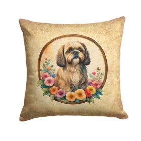 Lhasa Apso and Flowers Throw Pillow Machine Washable, Indoor Outdoor Decorative Pillow for Couch, Bed or Patio, 14Hx14W