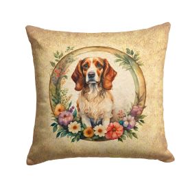 Brittany Spaniel and Flowers Throw Pillow Machine Washable, Indoor Outdoor Decorative Pillow for Couch, Bed or Patio, 14Hx14W