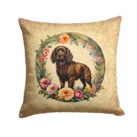 Boykin Spaniel and Flowers Throw Pillow Machine Washable, Indoor Outdoor Decorative Pillow for Couch, Bed or Patio, 14Hx14W