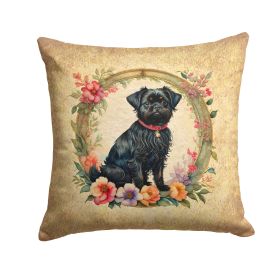 Affenpinscher and Flowers Throw Pillow Machine Washable, Indoor Outdoor Decorative Pillow for Couch, Bed or Patio, 14Hx14W