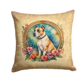 American Staffordshire Terrier and Flowers Throw Pillow Machine Washable, Indoor Outdoor Decorative Pillow for Couch, Bed or Patio, 14Hx14W
