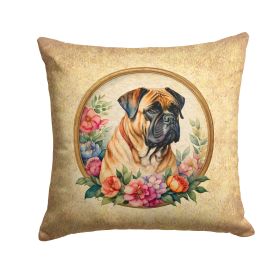 Bullmastiff and Flowers Throw Pillow Machine Washable, Indoor Outdoor Decorative Pillow for Couch, Bed or Patio, 14Hx14W