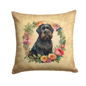 Black Russian Terrier and Flowers Throw Pillow Machine Washable, Indoor Outdoor Decorative Pillow for Couch, Bed or Patio, 14Hx14W