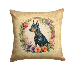 Doberman Pinscher and Flowers Throw Pillow Machine Washable, Indoor Outdoor Decorative Pillow for Couch, Bed or Patio, 14Hx14W