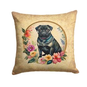 Black Pug and Flowers Throw Pillow Machine Washable, Indoor Outdoor Decorative Pillow for Couch, Bed or Patio, 14Hx14W