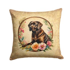 Chocolate Labrador Retriever and Flowers Throw Pillow Machine Washable, Indoor Outdoor Decorative Pillow for Couch, Bed or Patio, 14Hx14W