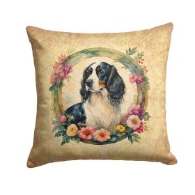 English Springer Spaniel and Flowers Throw Pillow Machine Washable, Indoor Outdoor Decorative Pillow for Couch, Bed or Patio, 14Hx14W
