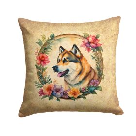 Akita and Flowers Throw Pillow Machine Washable, Indoor Outdoor Decorative Pillow for Couch, Bed or Patio, 14Hx14W