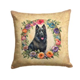 Belgian Sheepdog and Flowers Throw Pillow Machine Washable, Indoor Outdoor Decorative Pillow for Couch, Bed or Patio, 14Hx14W