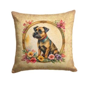 Border Terrier and Flowers Throw Pillow Machine Washable, Indoor Outdoor Decorative Pillow for Couch, Bed or Patio, 14Hx14W