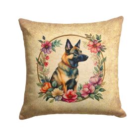 Belgian Malinois and Flowers Throw Pillow Machine Washable, Indoor Outdoor Decorative Pillow for Couch, Bed or Patio, 14Hx14W