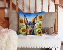 Doberman Pinscher in Sunflowers Throw Pillow Machine Washable, Indoor Outdoor Decorative Pillow for Couch, Bed or Patio, 14Hx14W