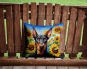 Doberman Pinscher in Sunflowers Throw Pillow Machine Washable, Indoor Outdoor Decorative Pillow for Couch, Bed or Patio, 14Hx14W