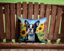 Boston Terrier in Sunflowers Throw Pillow Machine Washable, Indoor Outdoor Decorative Pillow for Couch, Bed or Patio, 14Hx14W