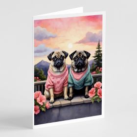 Pug Two Hearts Greeting Cards Pack of 8 Blank Cards with Envelopes Whimsical A7 Size 5x7 Blank Note Cards (Default: Default)