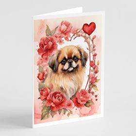 Pekingese Valentine Roses Greeting Cards Pack of 8 Blank Cards with Envelopes Whimsical A7 Size 5x7 Blank Note Cards (Default: Default)