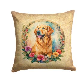 Golden Retriever and Flowers Throw Pillow Machine Washable, Indoor Outdoor Decorative Pillow for Couch, Bed or Patio, 14Hx14W (Default: Default)
